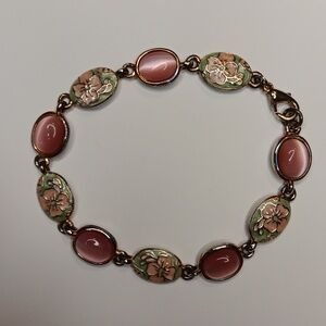 Vintage 1960s enamel and pink reflective stone floral silver link bracelet